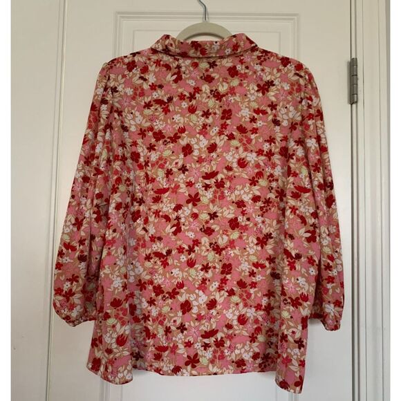 Nanette Lepore Women Blouse XL Floral Bracelet-Sleeve Button-Front Fade Out Pink - Picture 2 of 9